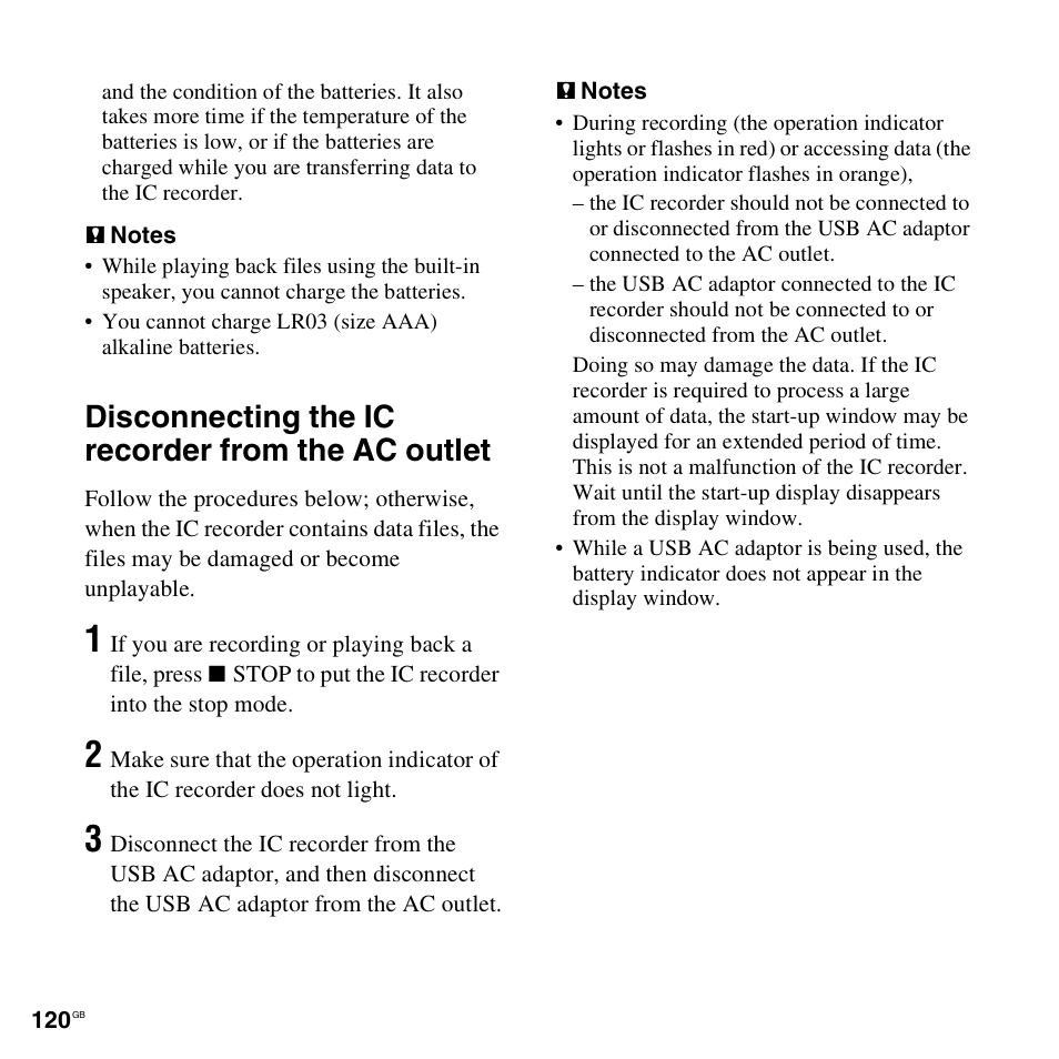 Disconnecting the ic recorder from the ac outlet | Sony ICD-SX712D User Manual | Page 120 / 155