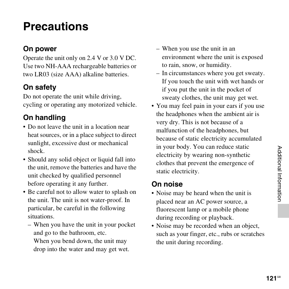 Precautions | Sony ICD-SX712D User Manual | Page 121 / 155