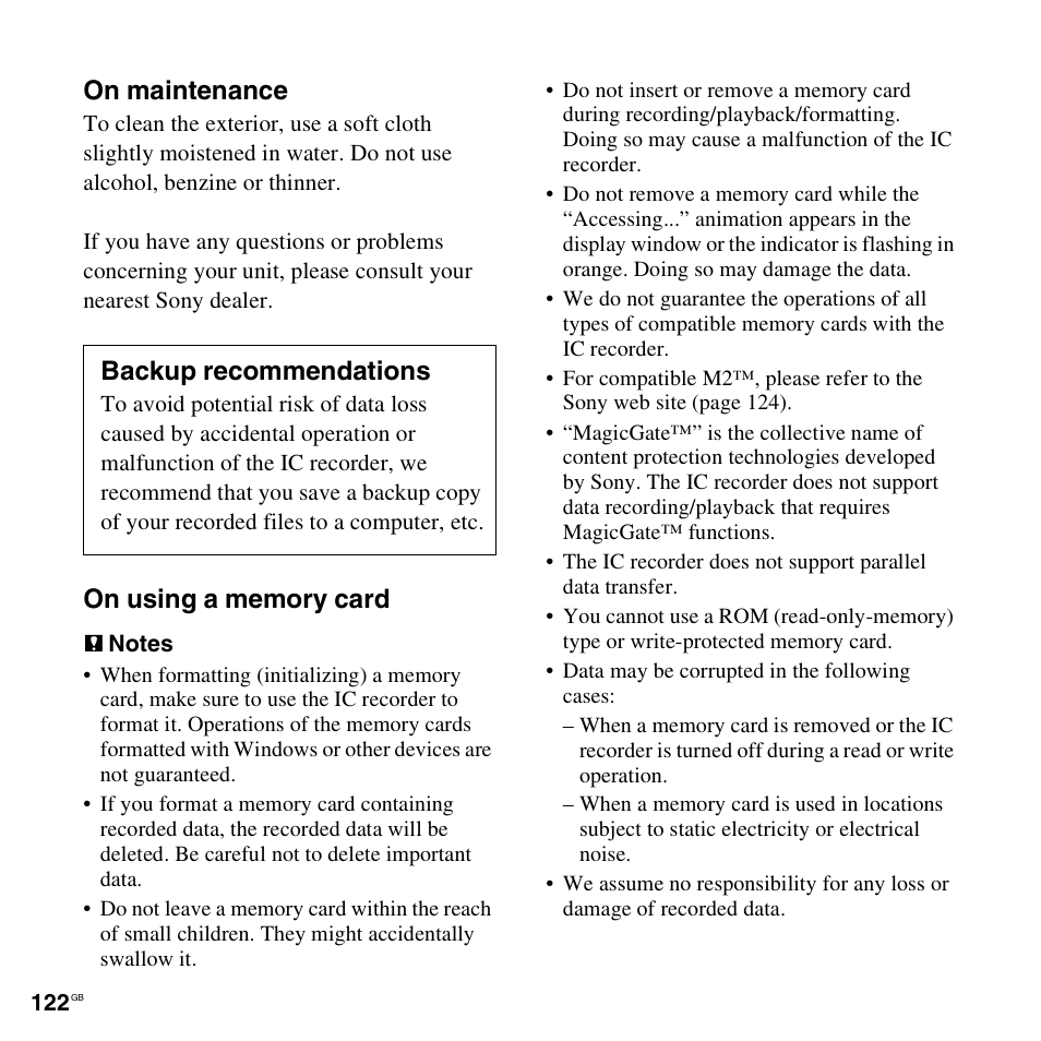 On maintenance, Backup recommendations | Sony ICD-SX712D User Manual | Page 122 / 155