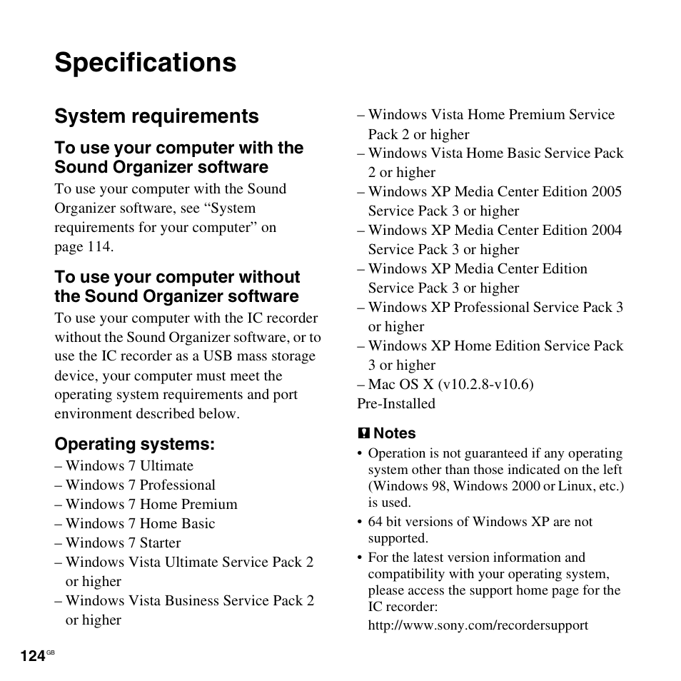 Specifications, System requirements | Sony ICD-SX712D User Manual | Page 124 / 155