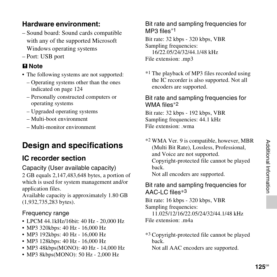 Design and specifications, Hardware environment | Sony ICD-SX712D User Manual | Page 125 / 155