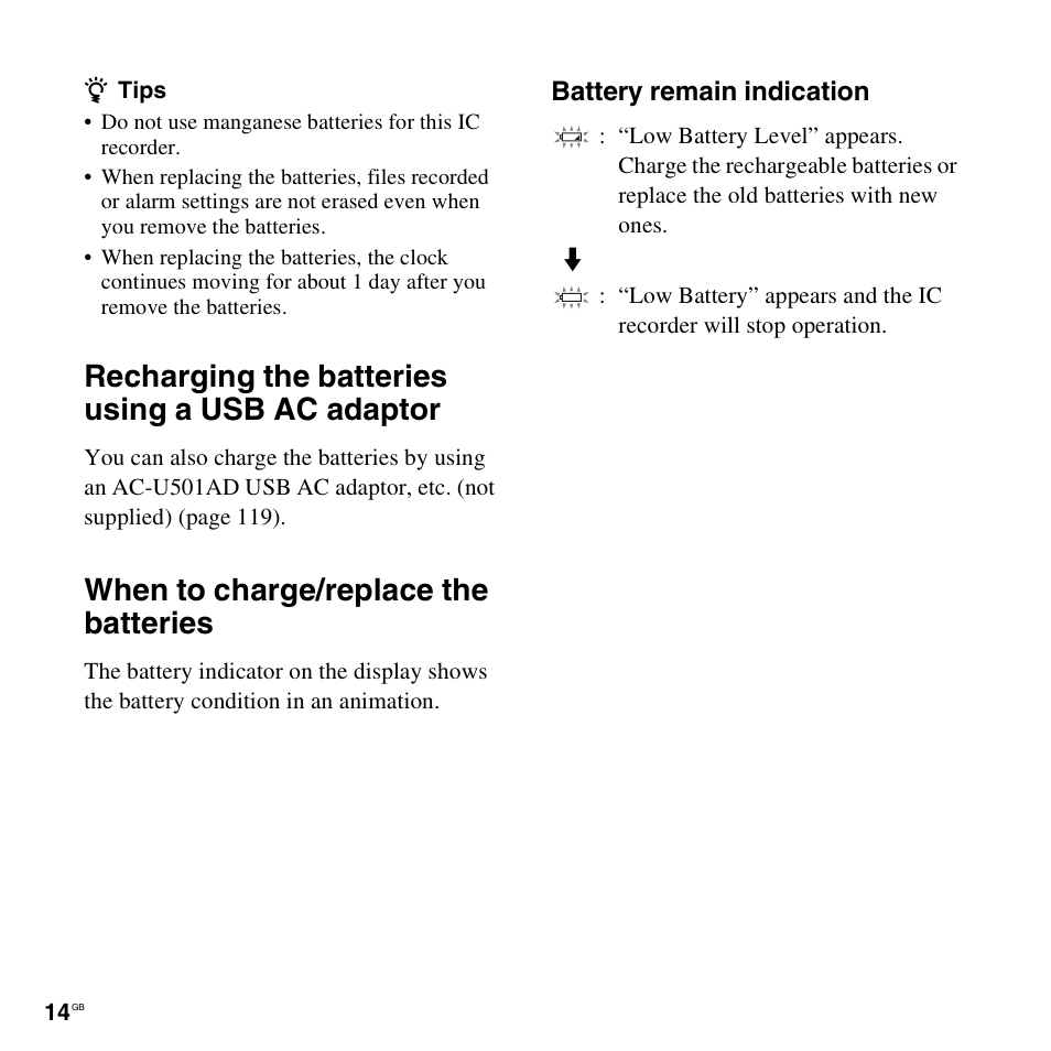 Recharging the batteries using a usb ac adaptor, When to charge/replace the batteries | Sony ICD-SX712D User Manual | Page 14 / 155