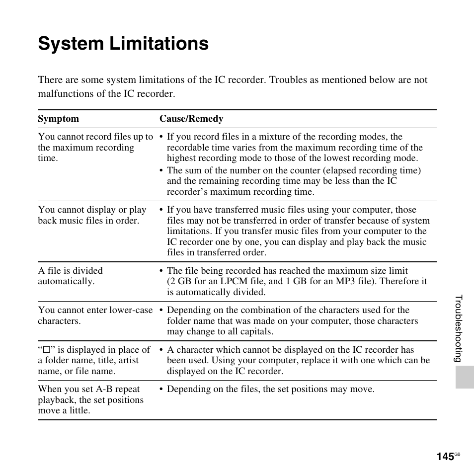 System limitations | Sony ICD-SX712D User Manual | Page 145 / 155