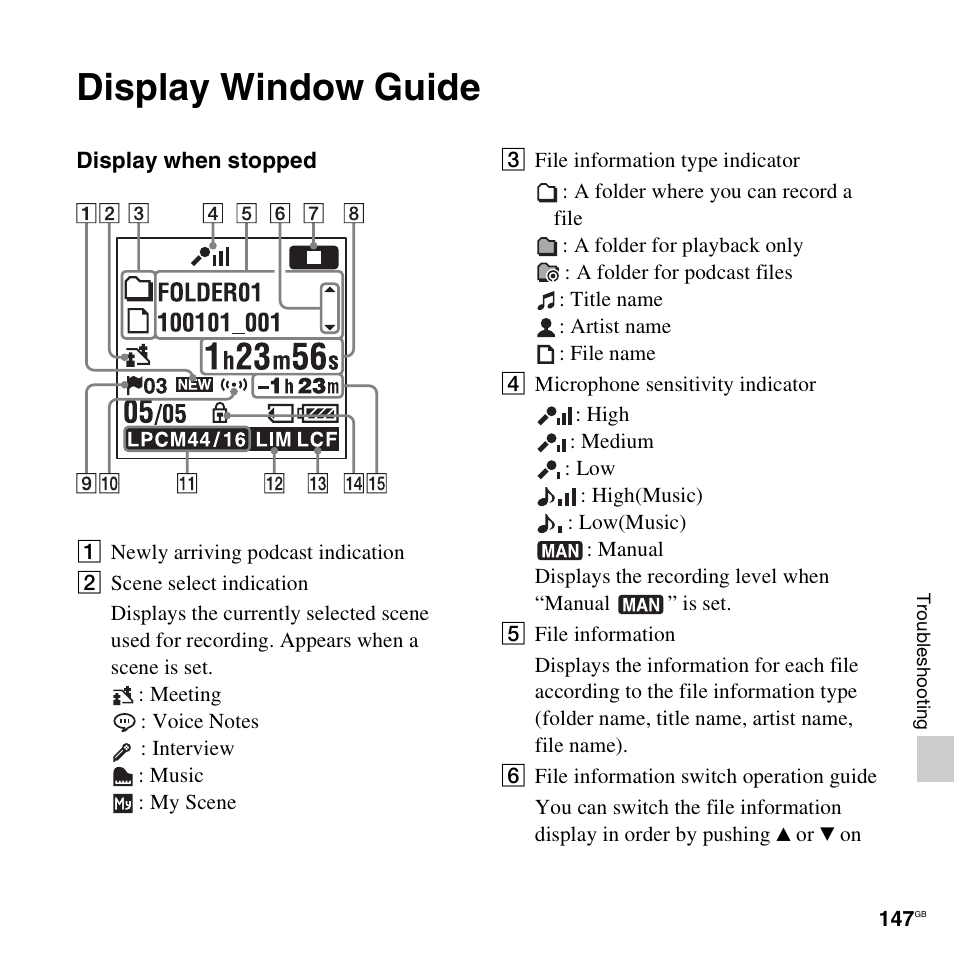 Display window guide | Sony ICD-SX712D User Manual | Page 147 / 155