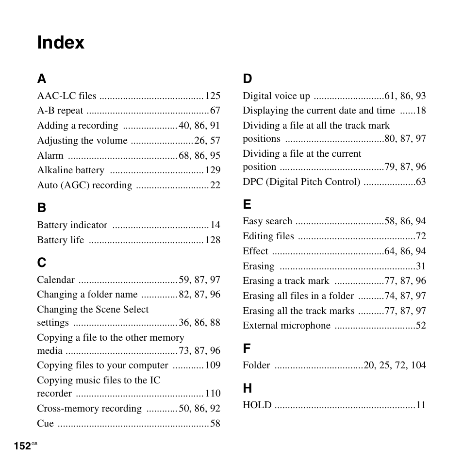 Index | Sony ICD-SX712D User Manual | Page 152 / 155