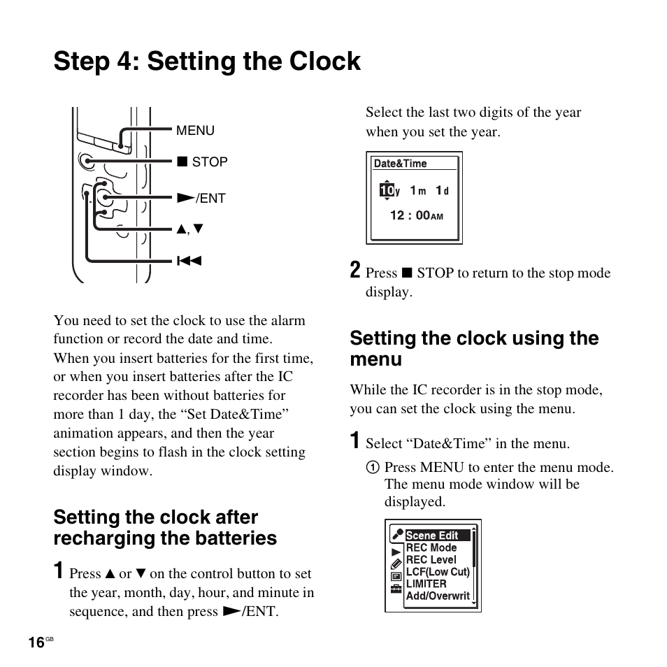 Step 4: setting the clock, Setting the clock after recharging the batteries, Setting the clock using the menu | Sony ICD-SX712D User Manual | Page 16 / 155