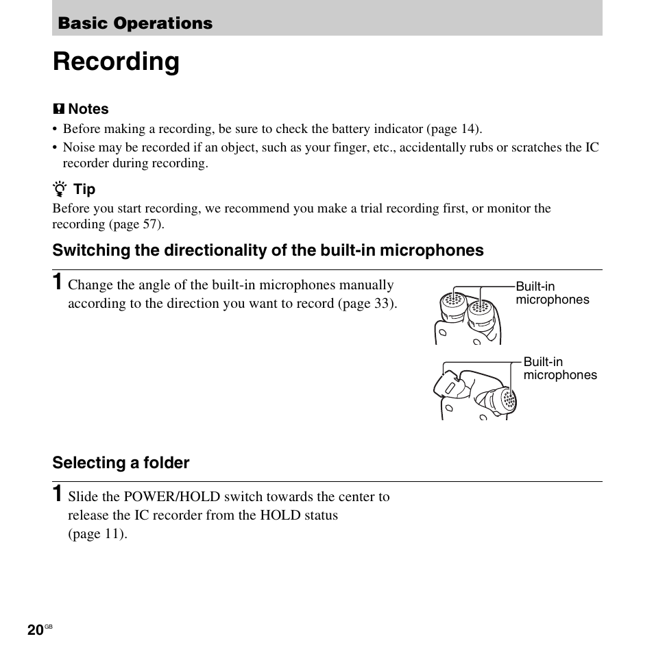 Basic operations, Recording | Sony ICD-SX712D User Manual | Page 20 / 155