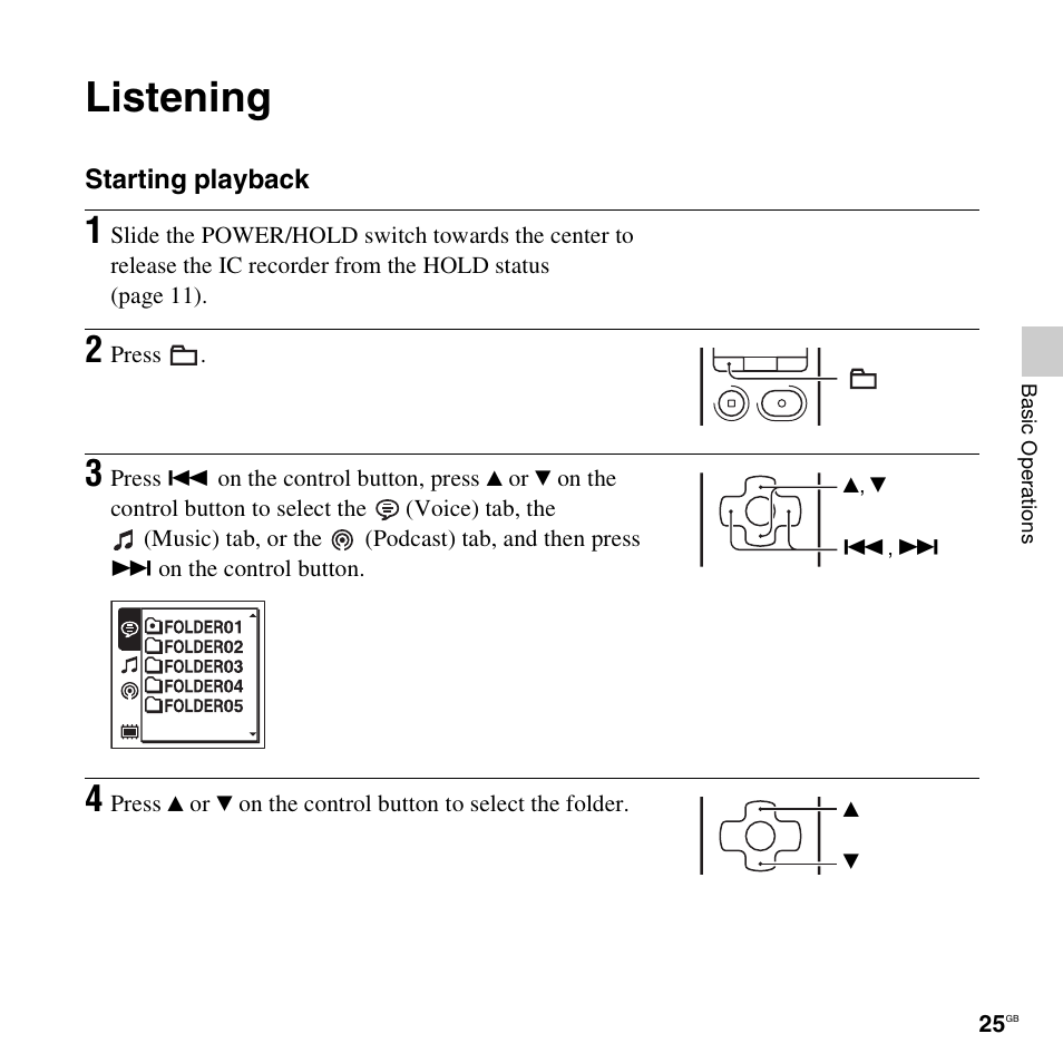 Listening | Sony ICD-SX712D User Manual | Page 25 / 155