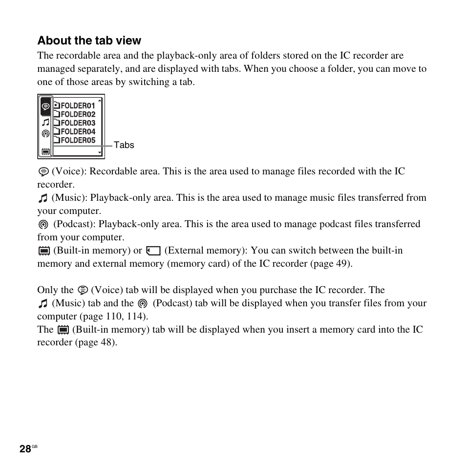 About the tab view | Sony ICD-SX712D User Manual | Page 28 / 155