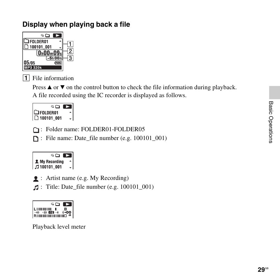 Display when playing back a file | Sony ICD-SX712D User Manual | Page 29 / 155