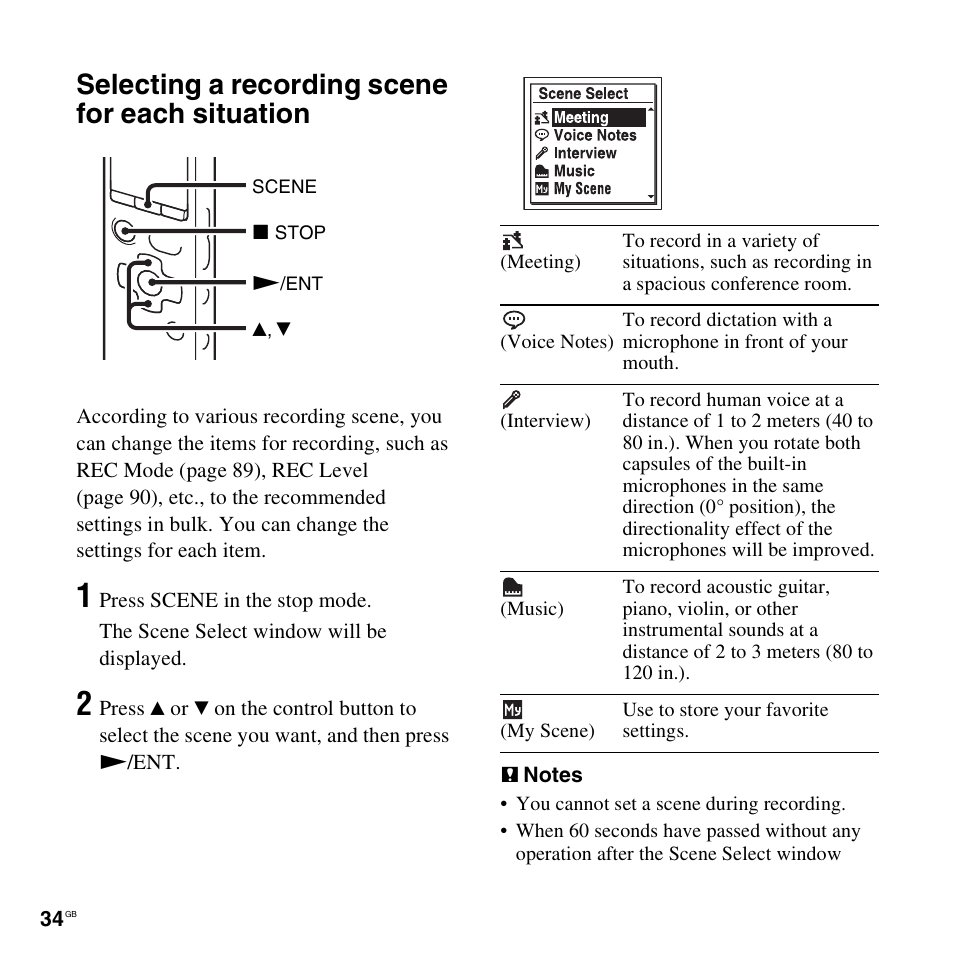 Selecting a recording scene for each situation | Sony ICD-SX712D User Manual | Page 34 / 155