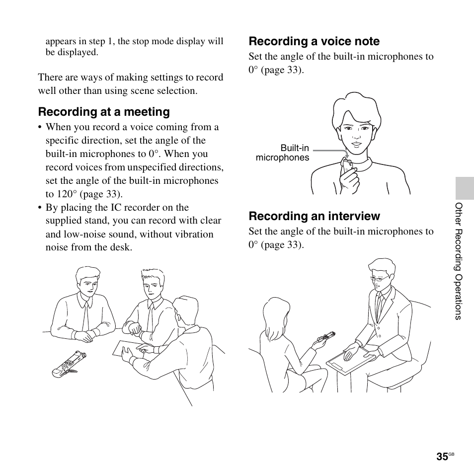 Recording at a meeting, Recording an interview | Sony ICD-SX712D User Manual | Page 35 / 155