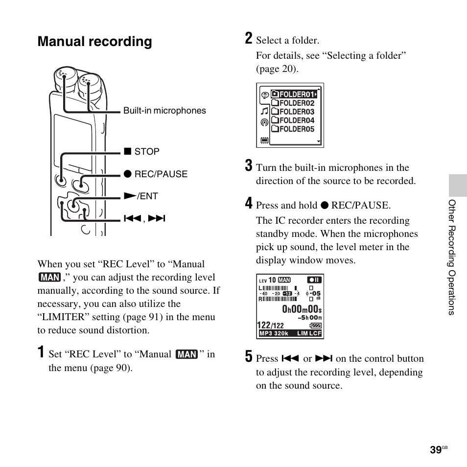 Manual recording | Sony ICD-SX712D User Manual | Page 39 / 155