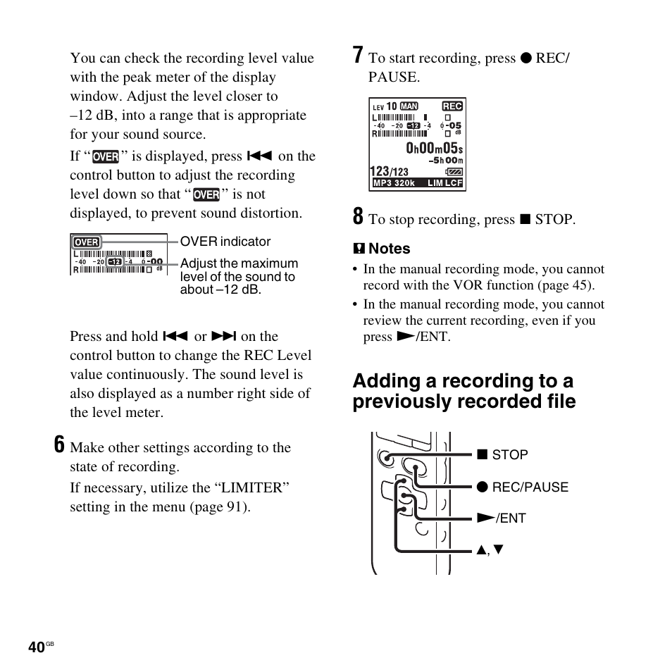 Adding a recording to a previously recorded file | Sony ICD-SX712D User Manual | Page 40 / 155