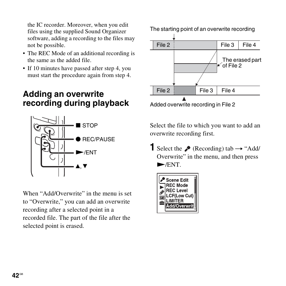 Adding an overwrite recording during playback | Sony ICD-SX712D User Manual | Page 42 / 155