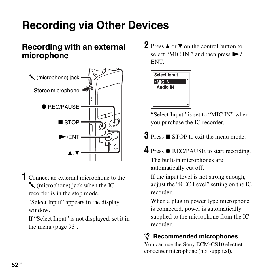 Recording via other devices, Recording with an external microphone | Sony ICD-SX712D User Manual | Page 52 / 155