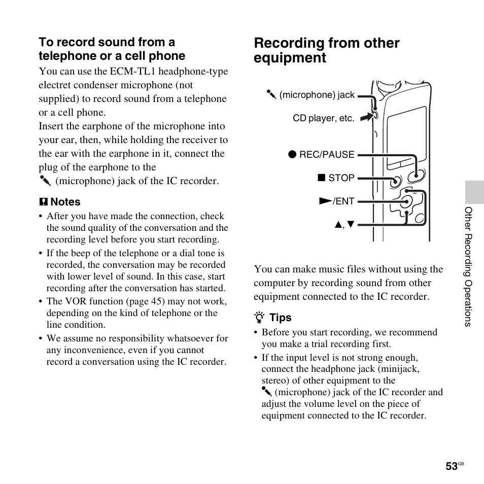 Recording from other equipment | Sony ICD-SX712D User Manual | Page 53 / 155