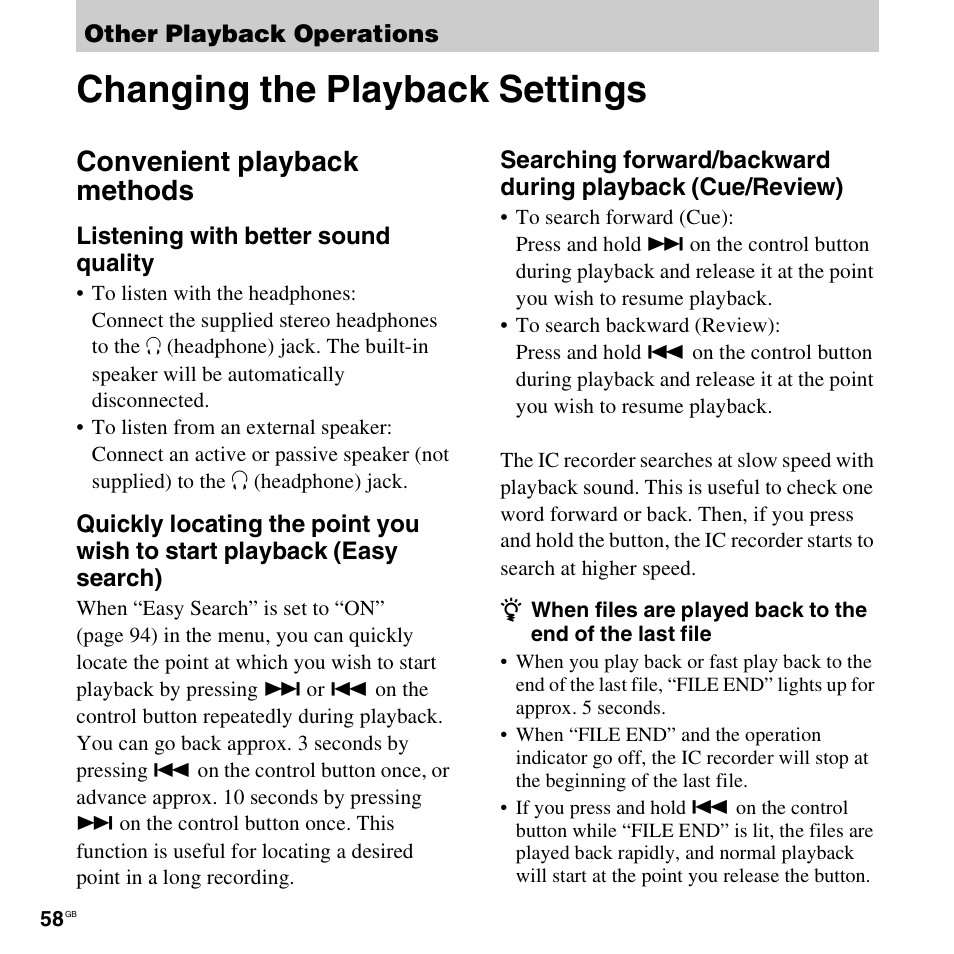 Other playback operations, Changing the playback settings, Convenient playback methods | Sony ICD-SX712D User Manual | Page 58 / 155