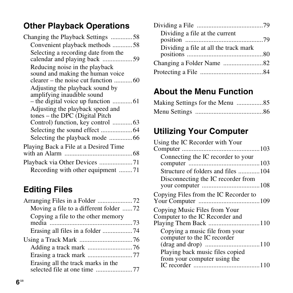 Other playback operations, Editing files, About the menu function | Utilizing your computer | Sony ICD-SX712D User Manual | Page 6 / 155