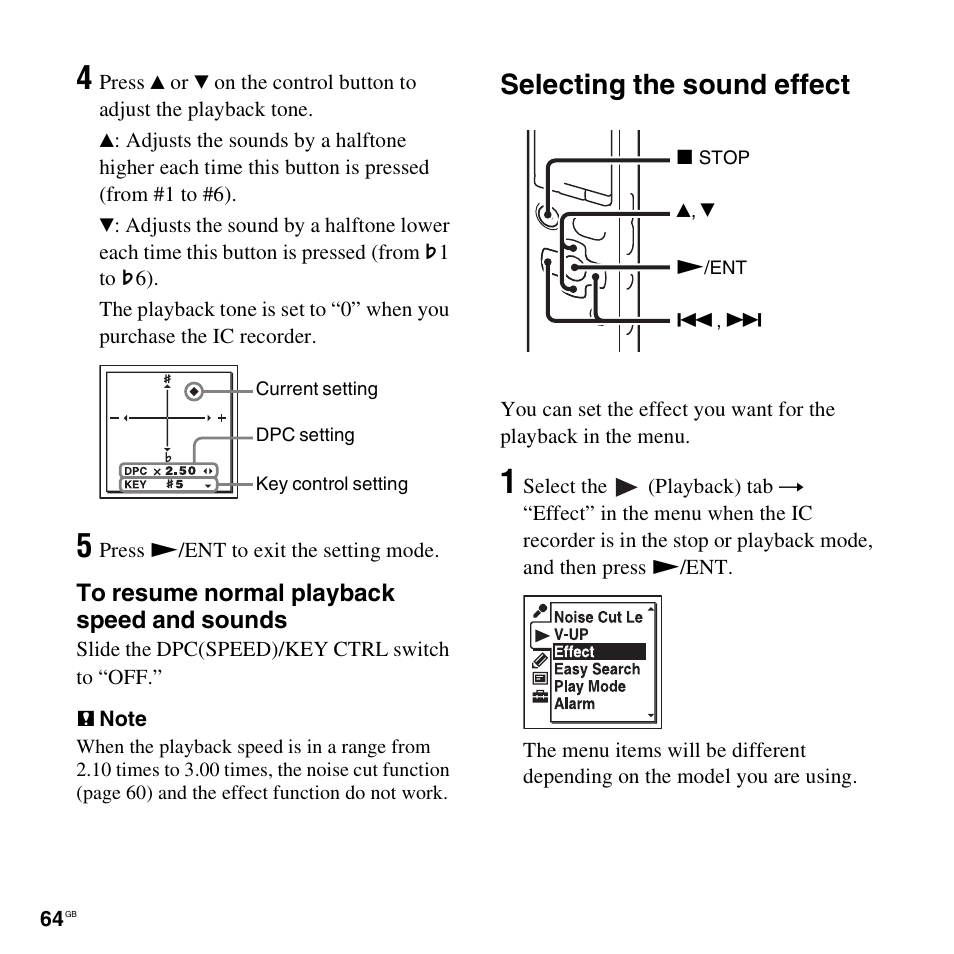 Selecting the sound effect | Sony ICD-SX712D User Manual | Page 64 / 155