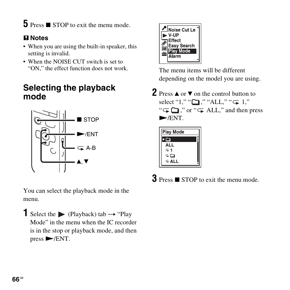 Selecting the playback mode | Sony ICD-SX712D User Manual | Page 66 / 155