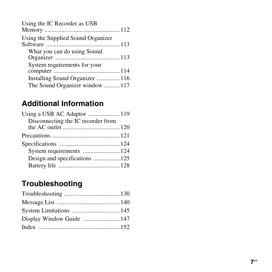 Additional information, Troubleshooting | Sony ICD-SX712D User Manual | Page 7 / 155