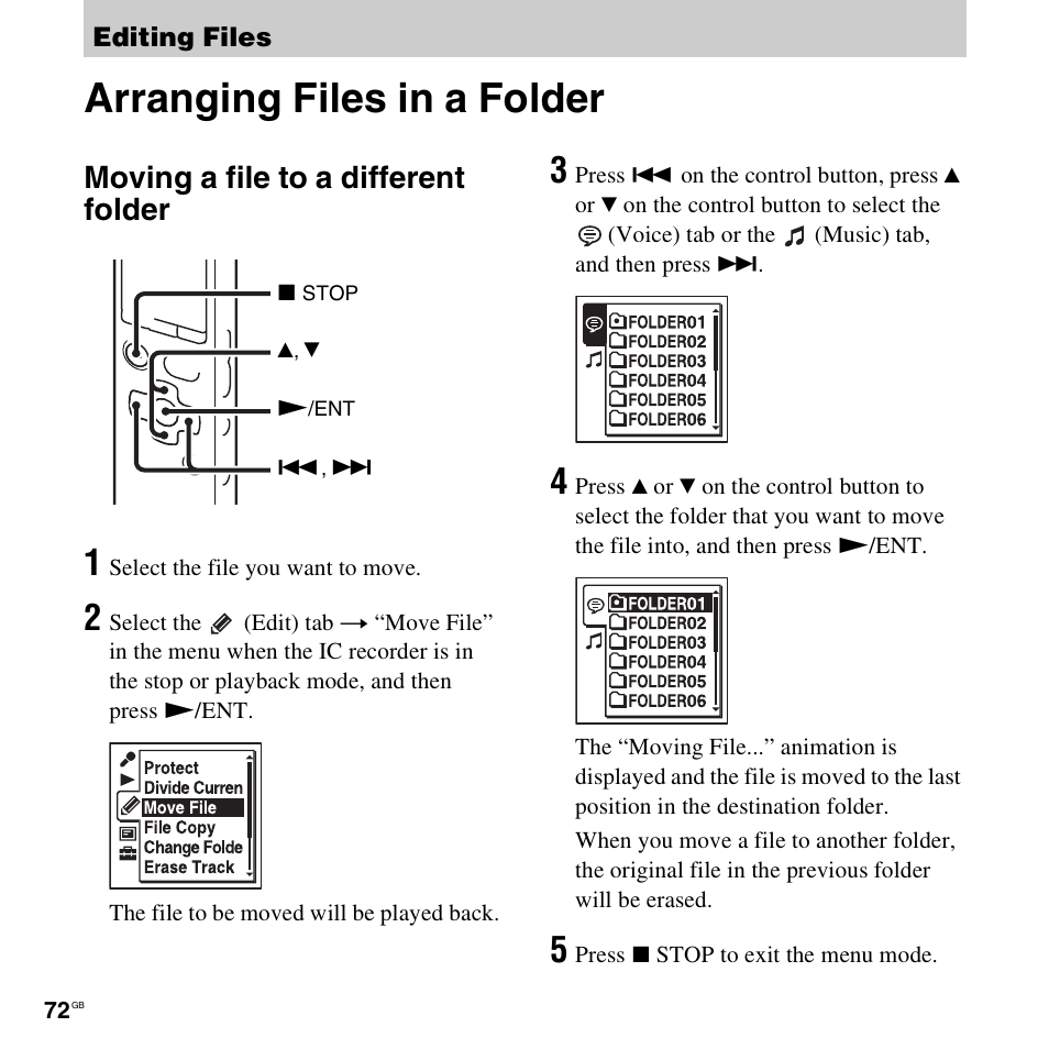 Editing files, Arranging files in a folder, Moving a file to a different folder | Sony ICD-SX712D User Manual | Page 72 / 155