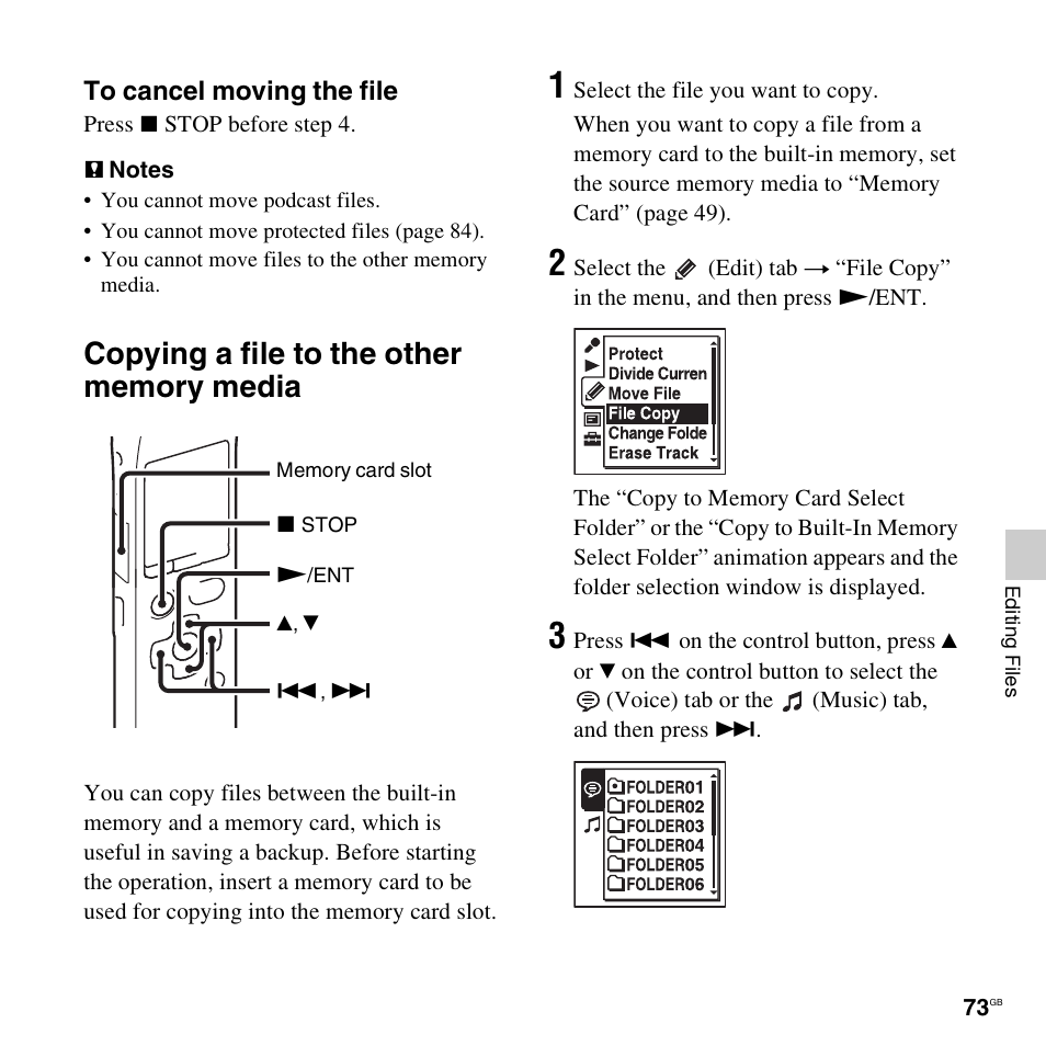 Copying a file to the other memory media | Sony ICD-SX712D User Manual | Page 73 / 155