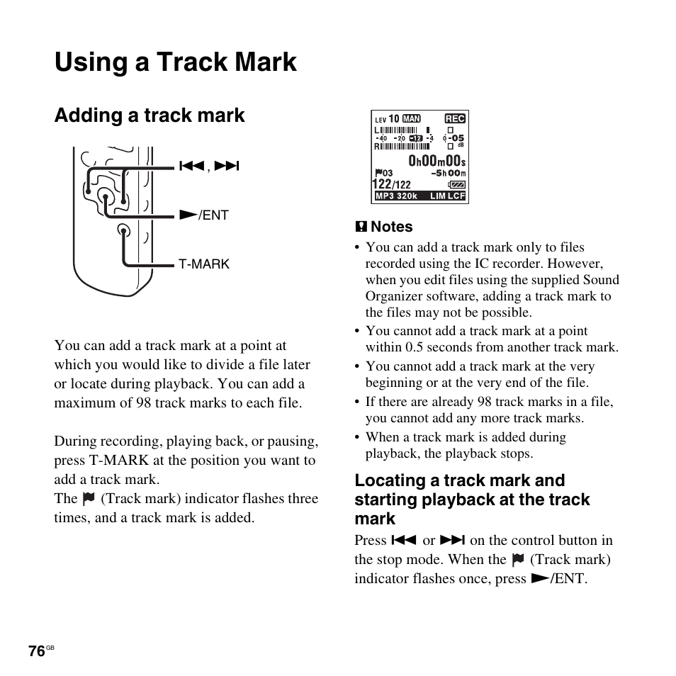 Using a track mark, Adding a track mark | Sony ICD-SX712D User Manual | Page 76 / 155