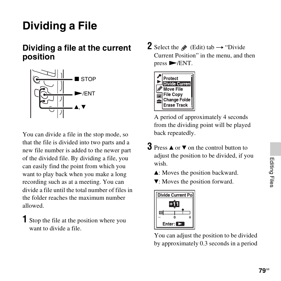 Dividing a file, Dividing a file at the current position | Sony ICD-SX712D User Manual | Page 79 / 155