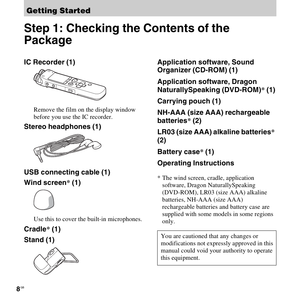 Getting started, Step 1: checking the contents of the package | Sony ICD-SX712D User Manual | Page 8 / 155