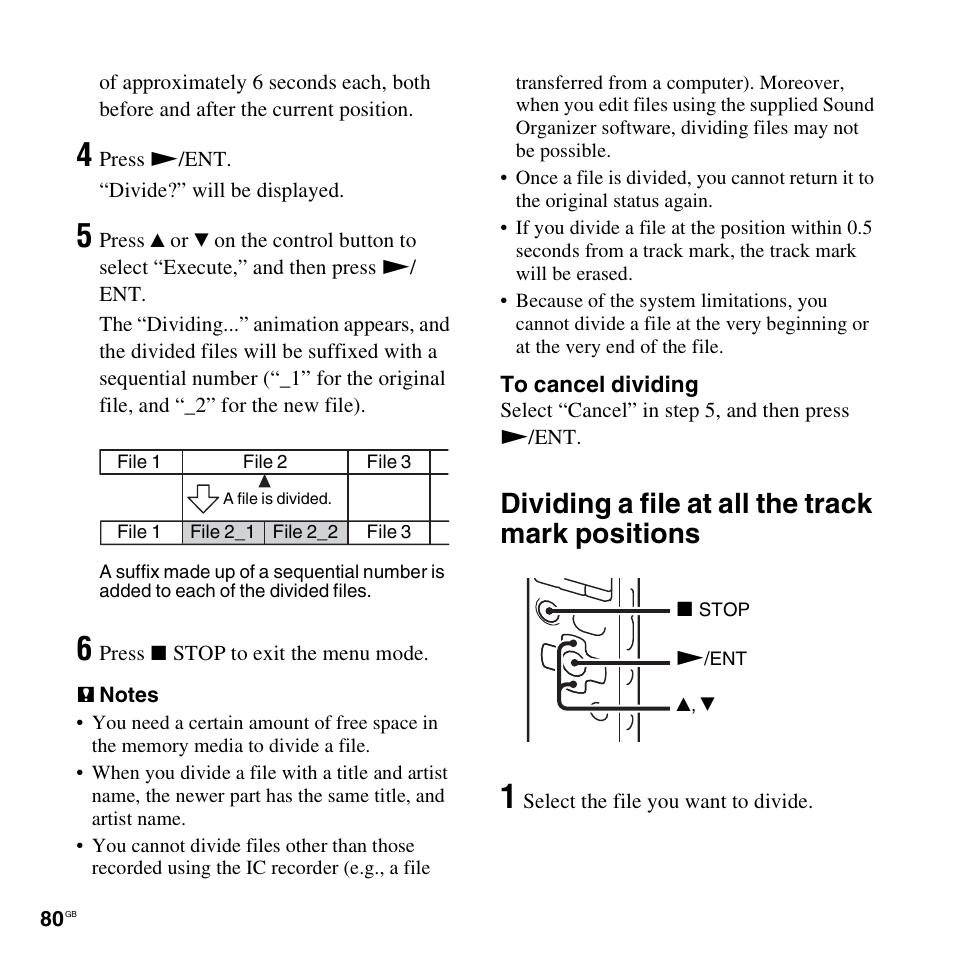 Dividing a file at all the track mark positions | Sony ICD-SX712D User Manual | Page 80 / 155