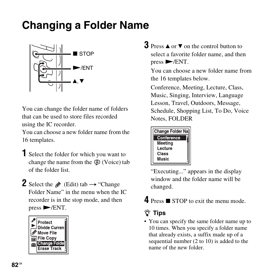 Changing a folder name | Sony ICD-SX712D User Manual | Page 82 / 155