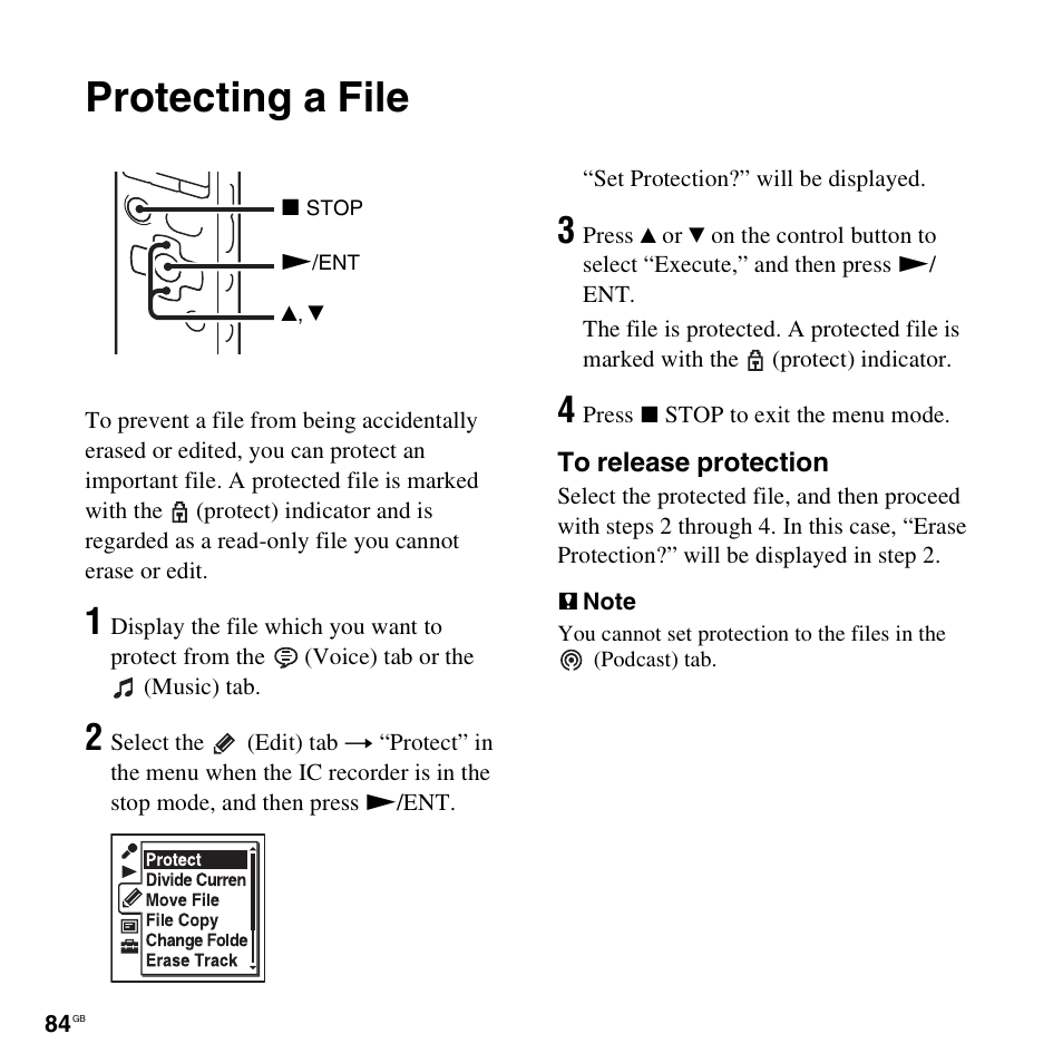 Protecting a file | Sony ICD-SX712D User Manual | Page 84 / 155