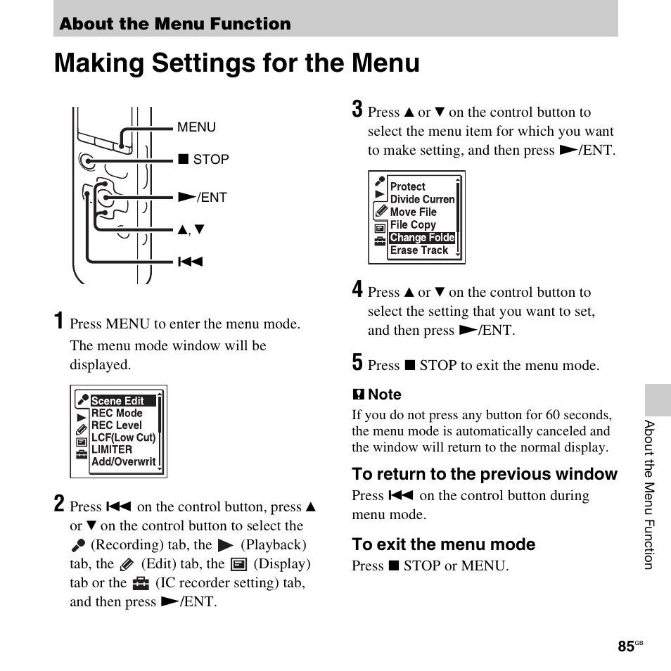 About the menu function, Making settings for the menu | Sony ICD-SX712D User Manual | Page 85 / 155