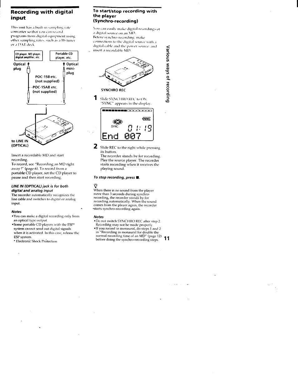 Notes, To stop recording, press, Recording with digital input | Sony MZ-R30 User Manual | Page 11 / 38