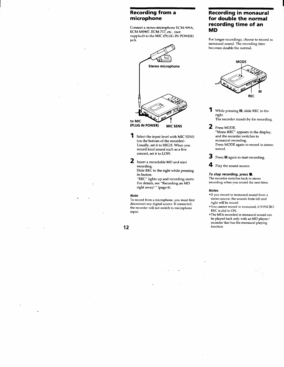 Note, To stop recording, press m, Notes | Recording from a microphone | Sony MZ-R30 User Manual | Page 12 / 38