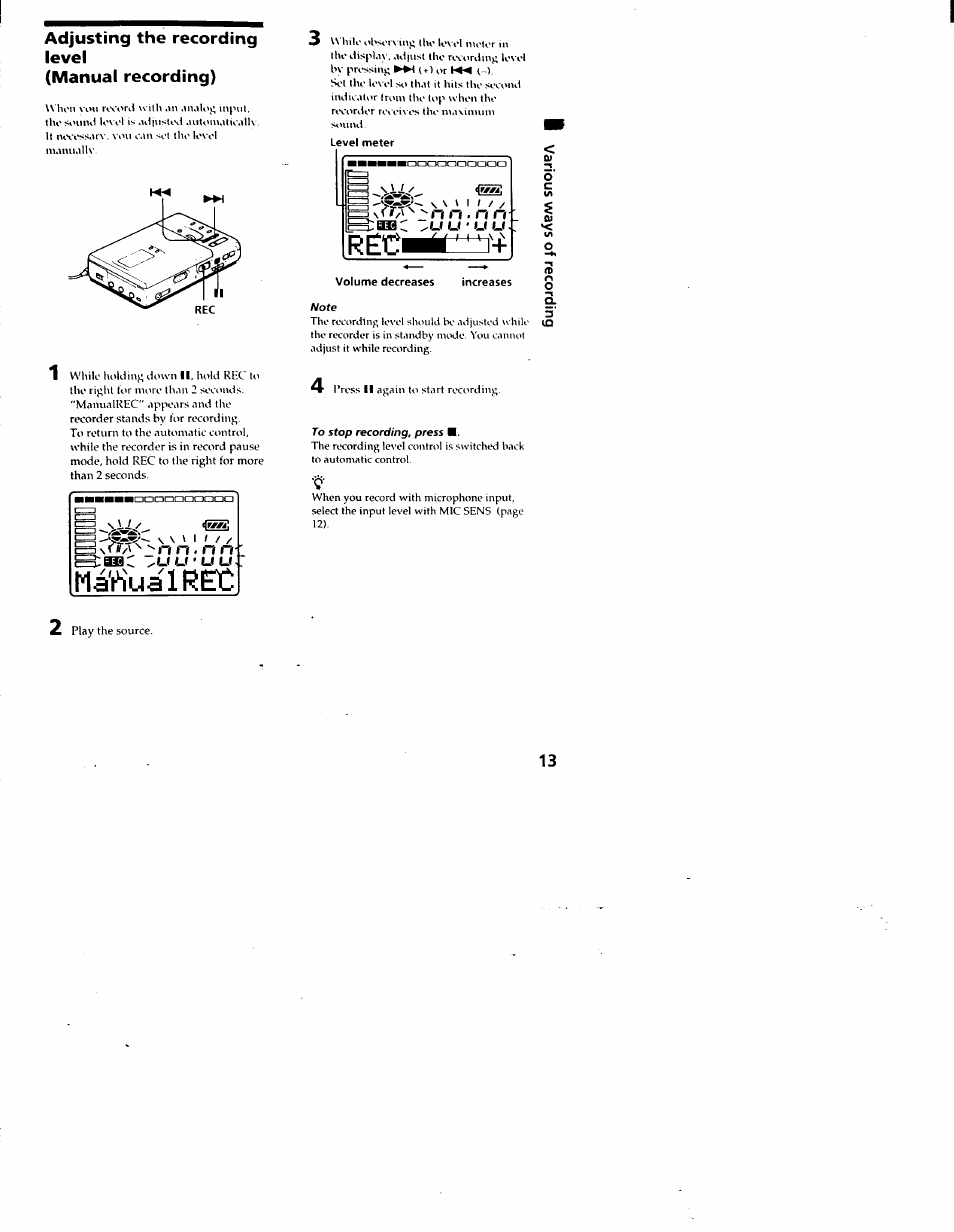 Note, To stop recording, press, Adjusting the recording level (manual recording) | Mawualrec | Sony MZ-R30 User Manual | Page 13 / 38