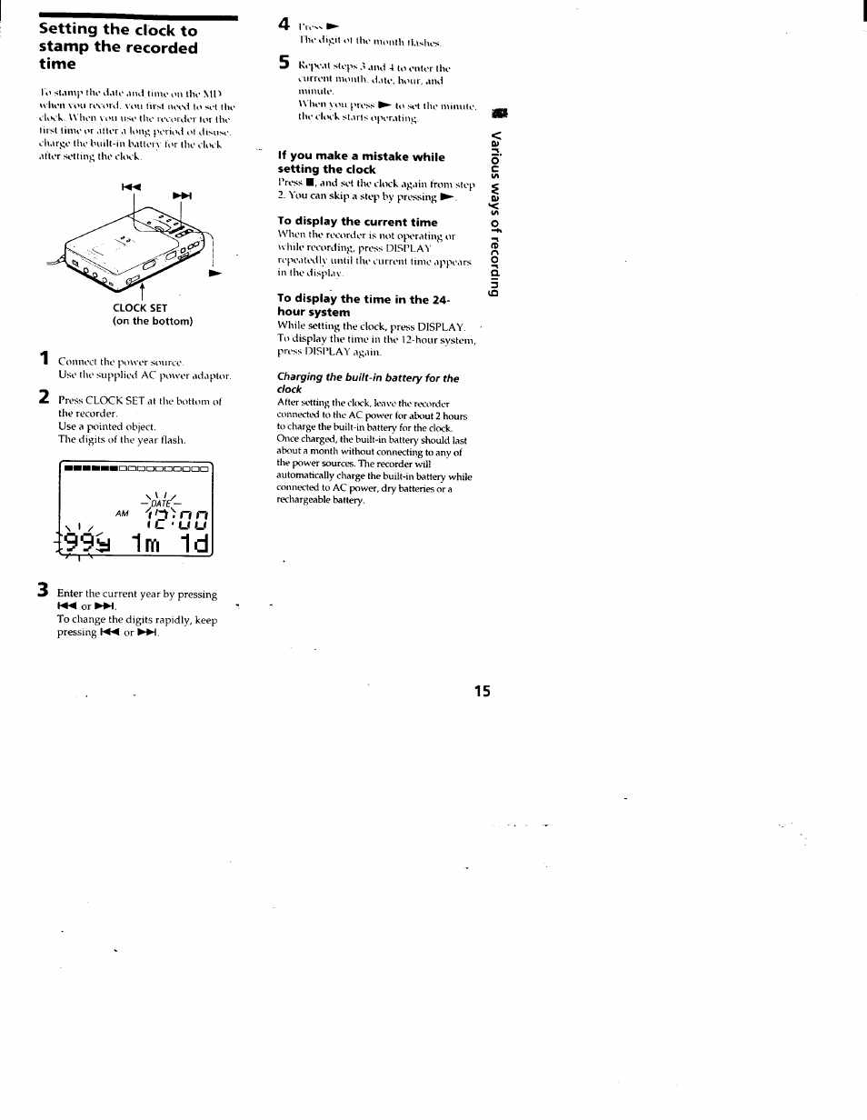 Setting the clock to stamp the recorded time, If you make a mistake while setting the dock, To display the current time | To display the time in the 24- hour system, Charging the built-in battery for the dock, 4 iw | Sony MZ-R30 User Manual | Page 15 / 38