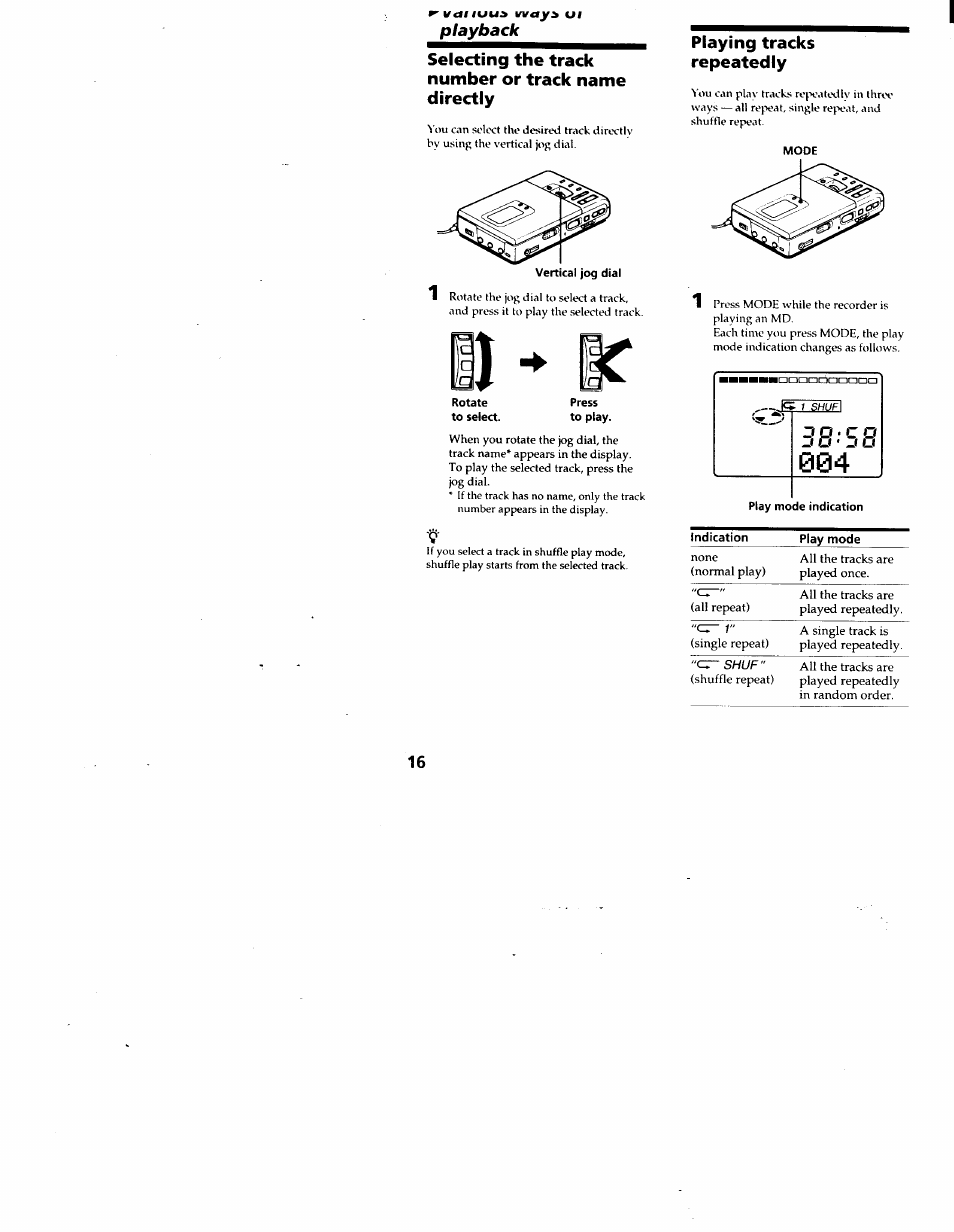 Selecting the track number or track name directly, Playing tracks repeatedly, Playback | Sony MZ-R30 User Manual | Page 16 / 38