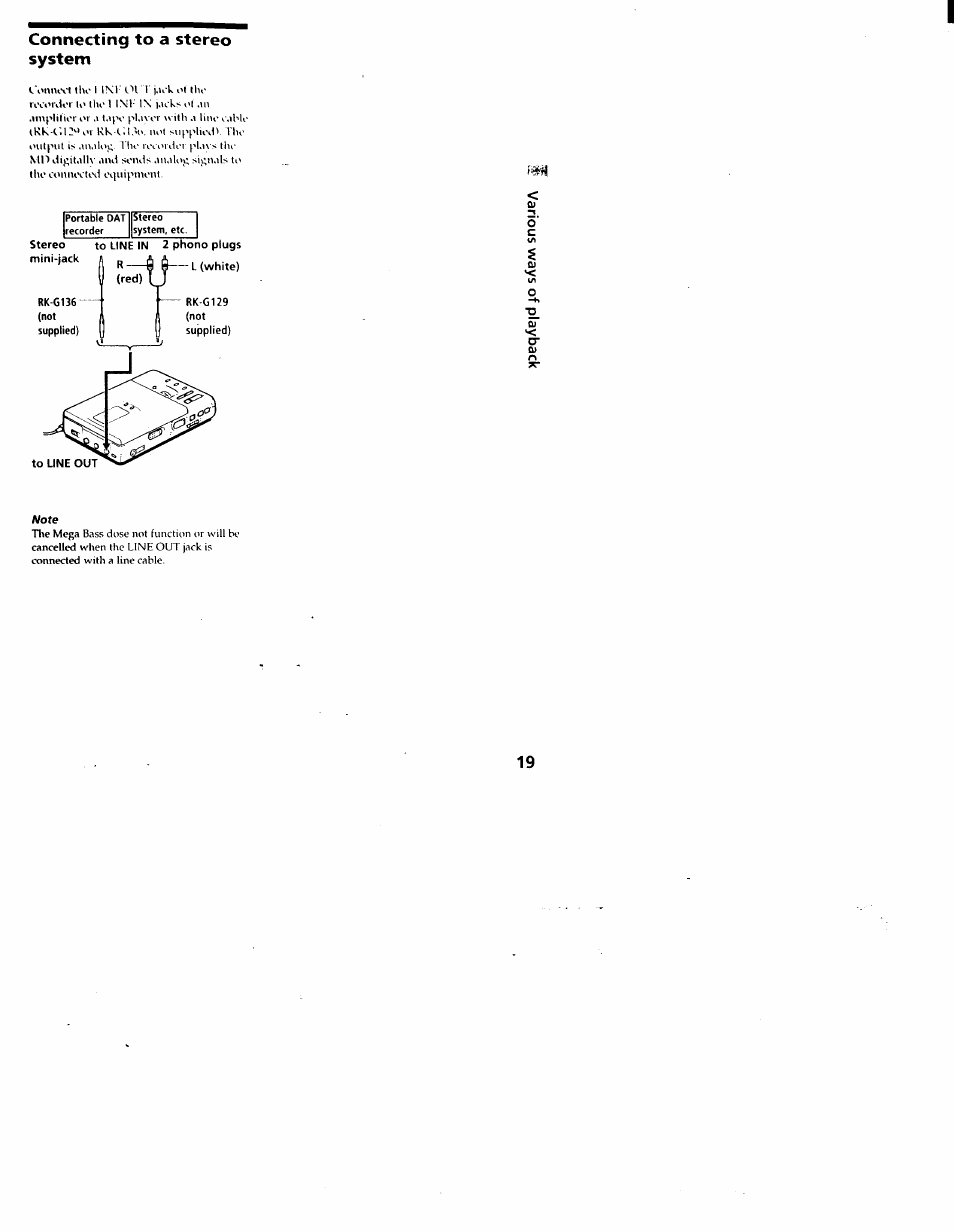 Note, Connecting to a stereo system | Sony MZ-R30 User Manual | Page 19 / 38
