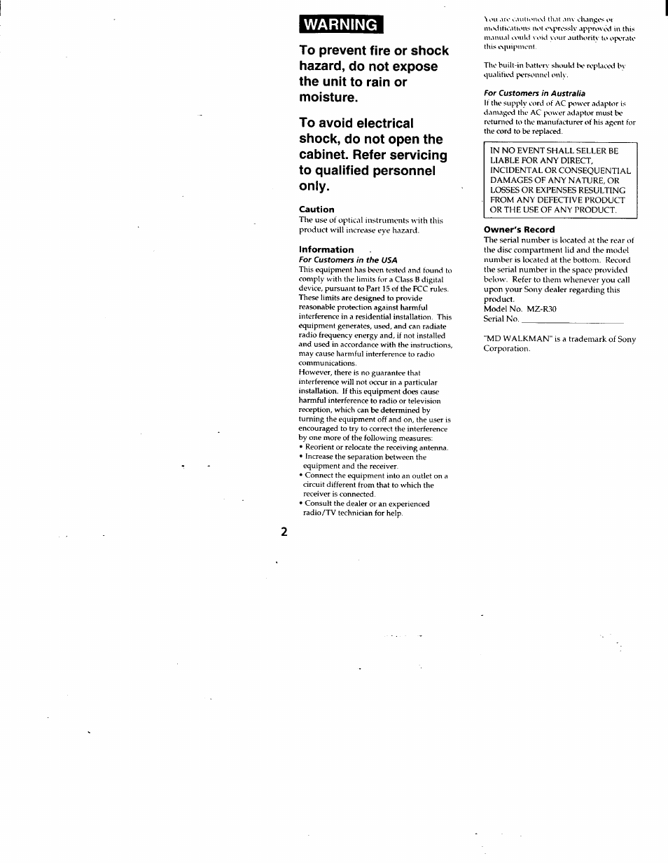 Caution, Information, For customers in australia | Owner's record, Warning | Sony MZ-R30 User Manual | Page 2 / 38