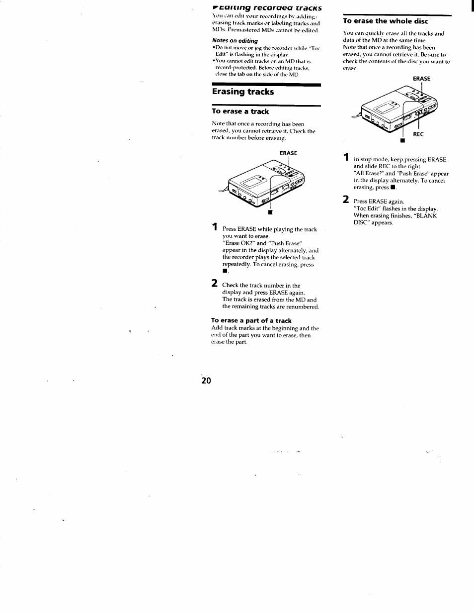 Notes on editing, Erasing tracks, To erase a part of a track | Sony MZ-R30 User Manual | Page 20 / 38