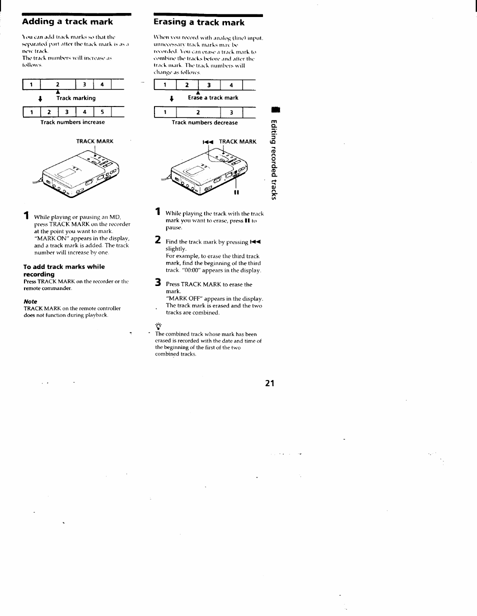 To add track marks while recording, Note, Adding a track mark erasing a track mark | Sony MZ-R30 User Manual | Page 21 / 38