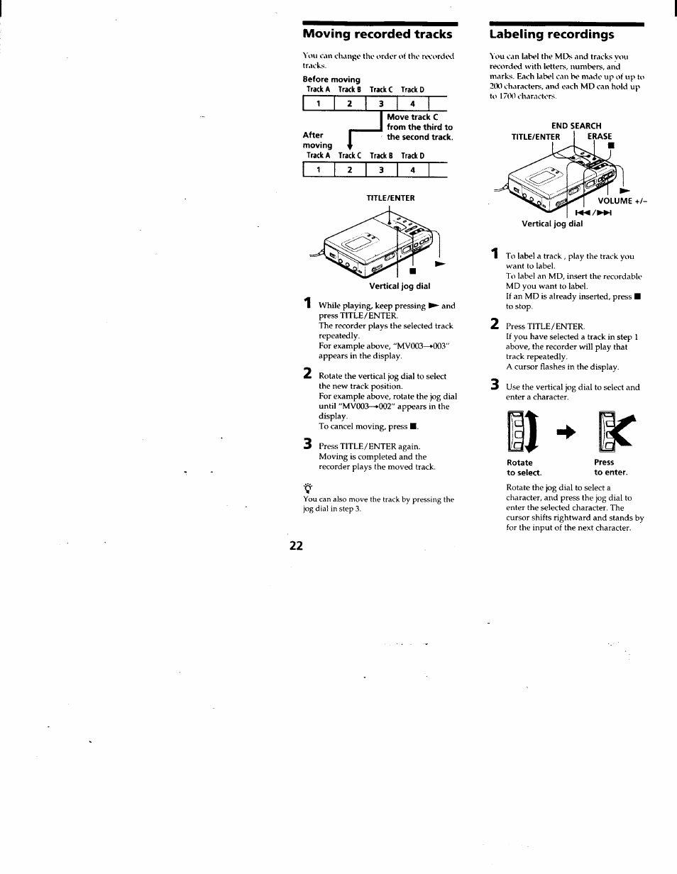 Moving recorded tracks, Labeling recordings, Editing recorded tracks | Sony MZ-R30 User Manual | Page 22 / 38