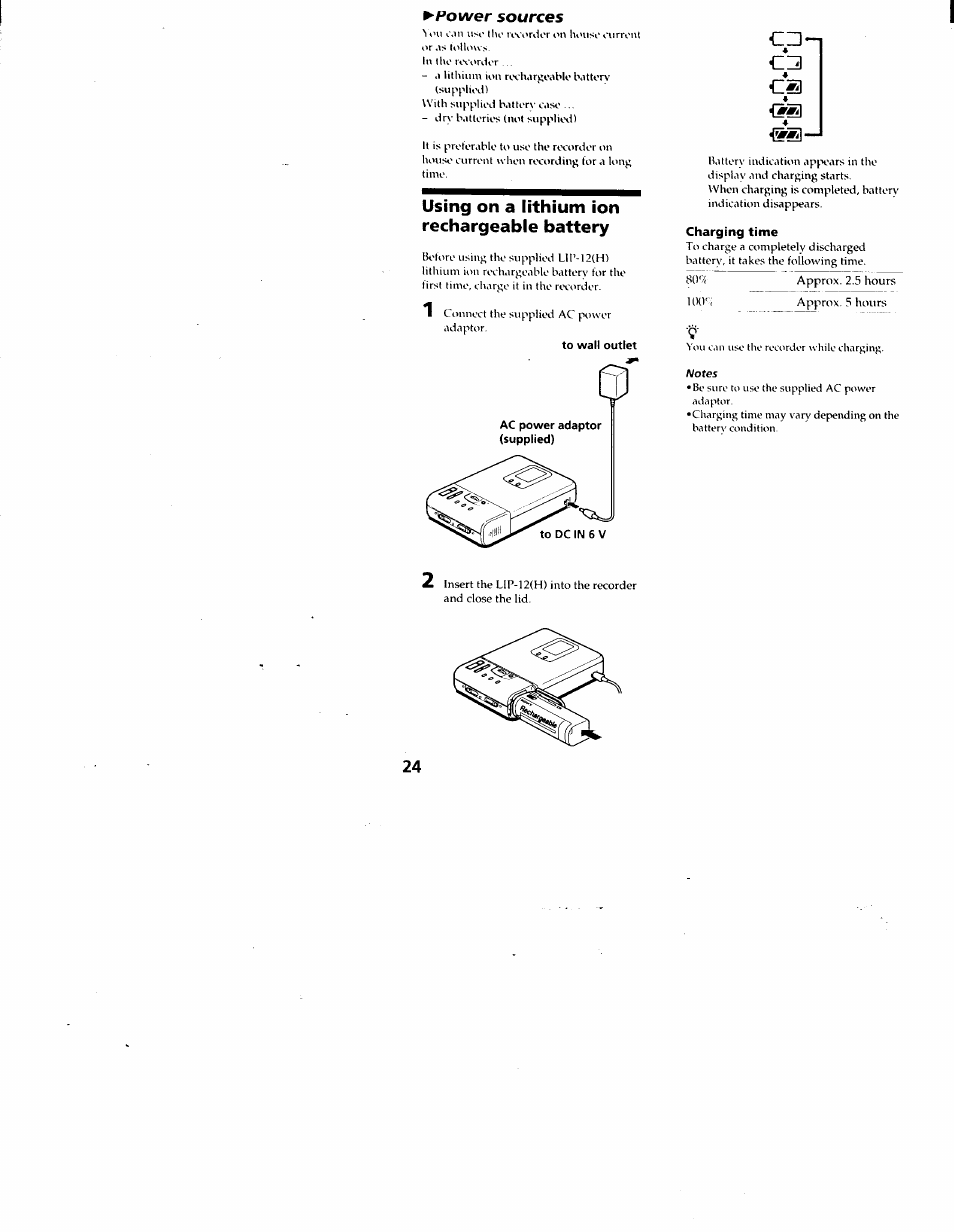 Power sources, Using on a lithium ion rechargeable battery, Charging time | Sony MZ-R30 User Manual | Page 24 / 38