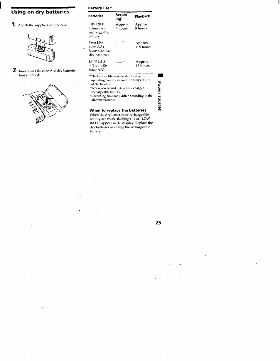 Battery life, Batteries record- playback, When to replace the batteries | Using on dry batteries | Sony MZ-R30 User Manual | Page 25 / 38