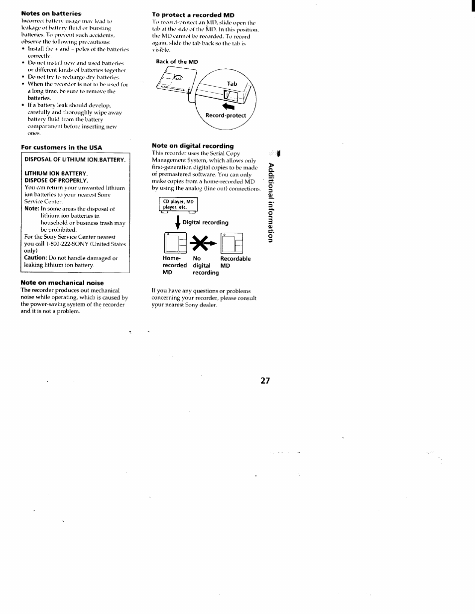 Notes on batteries, For customers in the usa, Note on mechanical noise | To protect a recorded md, Note on digital recording | Sony MZ-R30 User Manual | Page 27 / 38