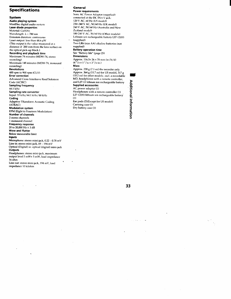 Specifications, System, General | 5‘ о | Sony MZ-R30 User Manual | Page 33 / 38