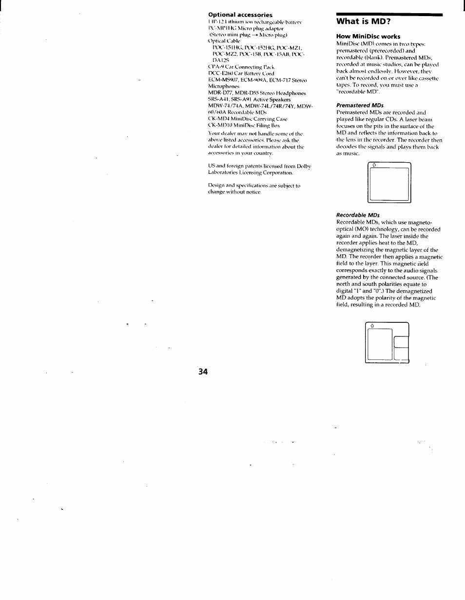 Optional accessories, How minidisc works, Premastered mds | Recordable mds, What is mo | Sony MZ-R30 User Manual | Page 34 / 38